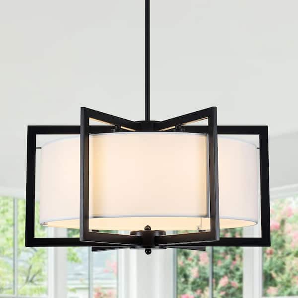 6-Light 21.3 in. Matte Black Vintage Drum Chandelier with White Fabric Shade For Kitchen Island Living Room Foyer
