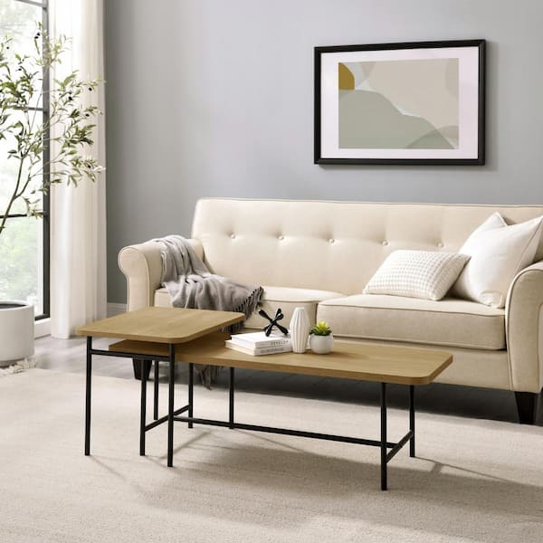 47.25 in. 2-Piece Coastal Oak/Black Modern Metal and Wood Nesting Coffee Table Set