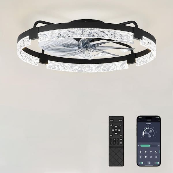 24 in. Indoor Black Flush Mount Ceiling Fan with Integrated LED Light and Remote Control