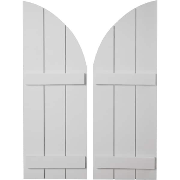 Ekena Millwork 16-1/2 in. x 40 in. Polyurethane Smooth Three Board Joined Board-n-Batten Round Arch Top Shutters, Primed Tan