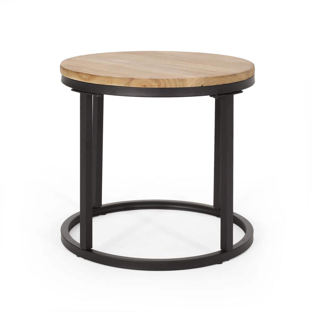 Antique Brown and Black Round Fir Wood and Metal Nesting Coffee Tables Set