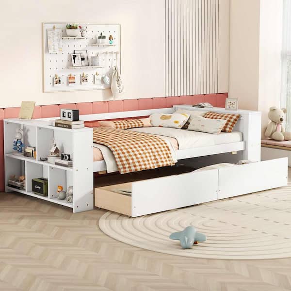 White Twin Size Daybed with Shelves and Drawers