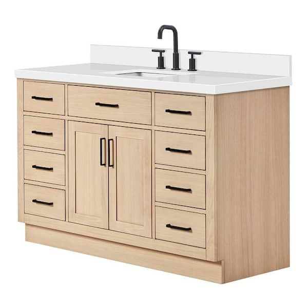 Hepburn 54 in. Single Sink Freestanding Bathroom Vanity in Oak with Pure White Quartz Top
