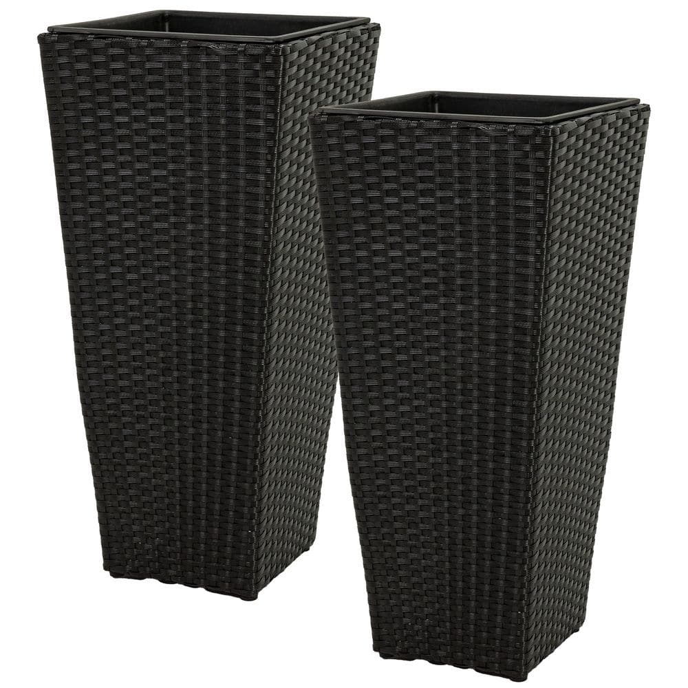 Sunnydaze 24 in. H Polyrattan Tall Square Planter - Black - Set of