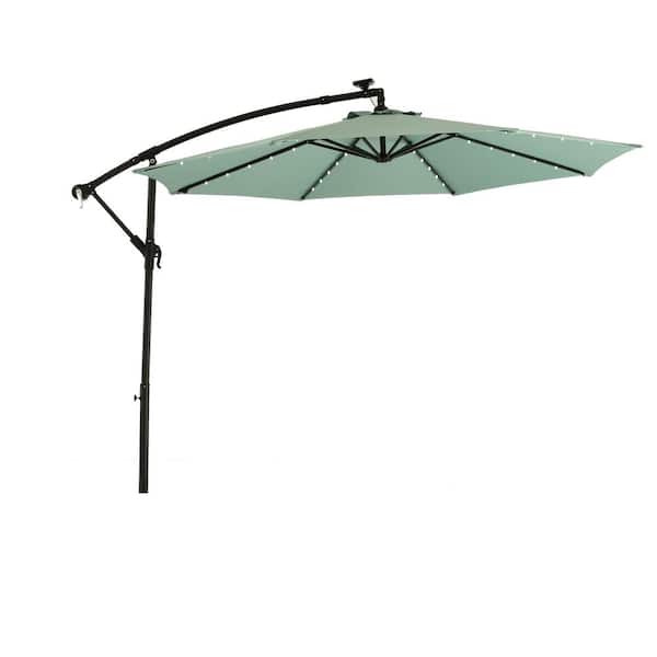 Sudzendf 10 ft. Solar LED Offset Hanging Market Patio Umbrella in Light Green