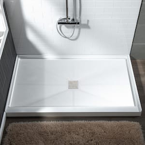 Krasik 60 in. L x 30 in. W Alcove Solid Surface Shower Pan Base with Center Drain in White with Brushed Nickel Cover