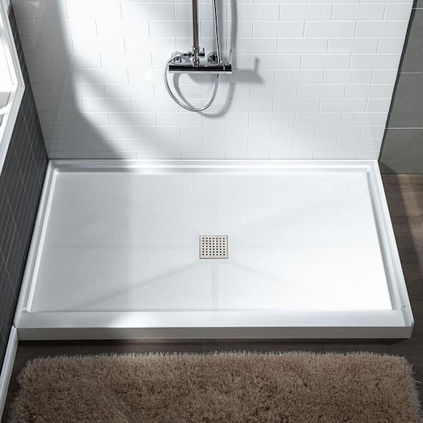 WOODBRIDGE Krasik 60 in. L x 32 in. W Alcove Solid Surface Shower Pan Base with Center Drain in White with Brushed Nickel Cover