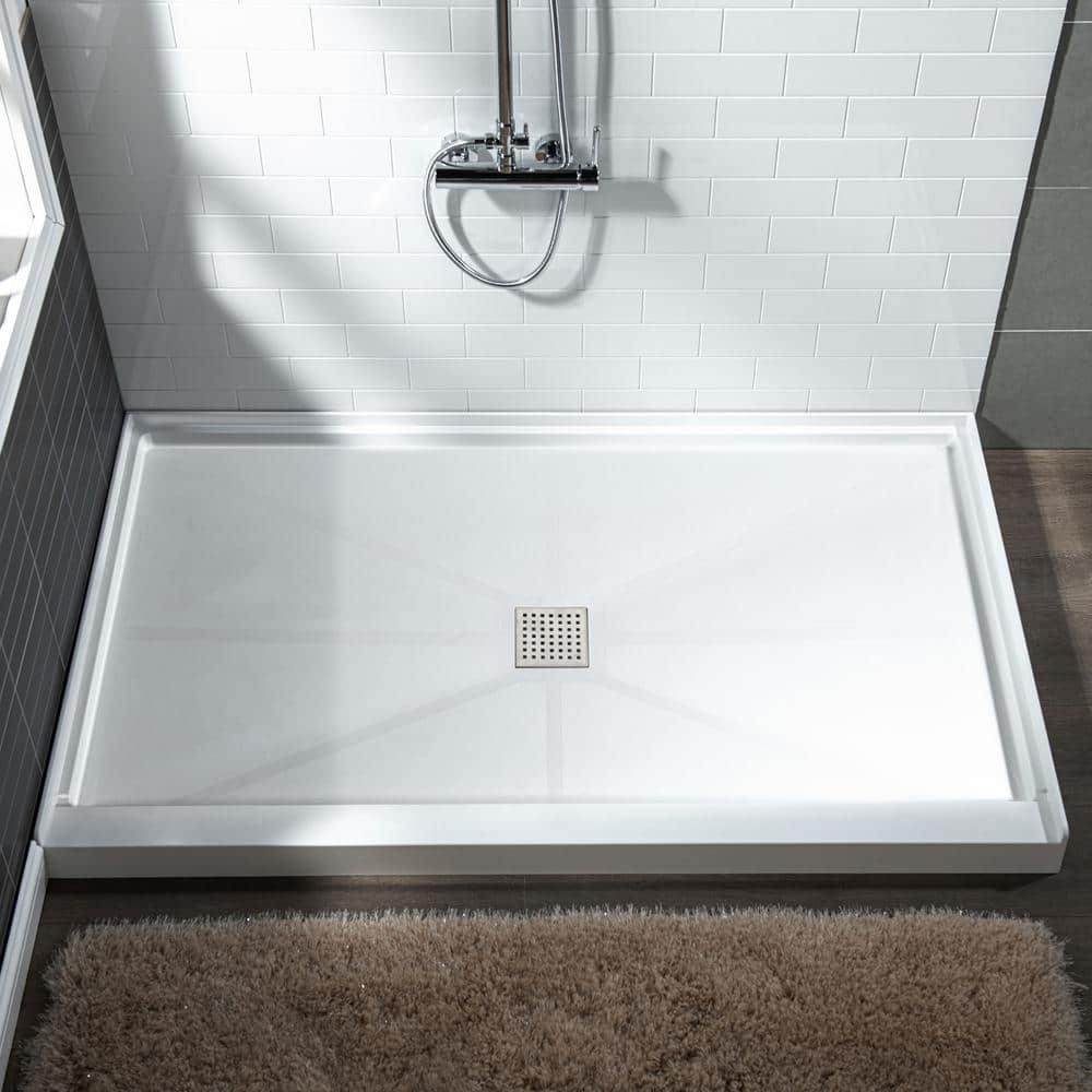 60" x 36" White Rectangular Shower Pan with Brushed Nickel Drain