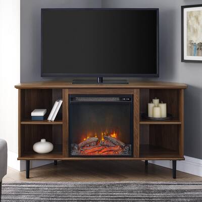 48 in. Dark Walnut Wood Corner TV Stand Fits TVs up to 55 in. with Fireplace Insert