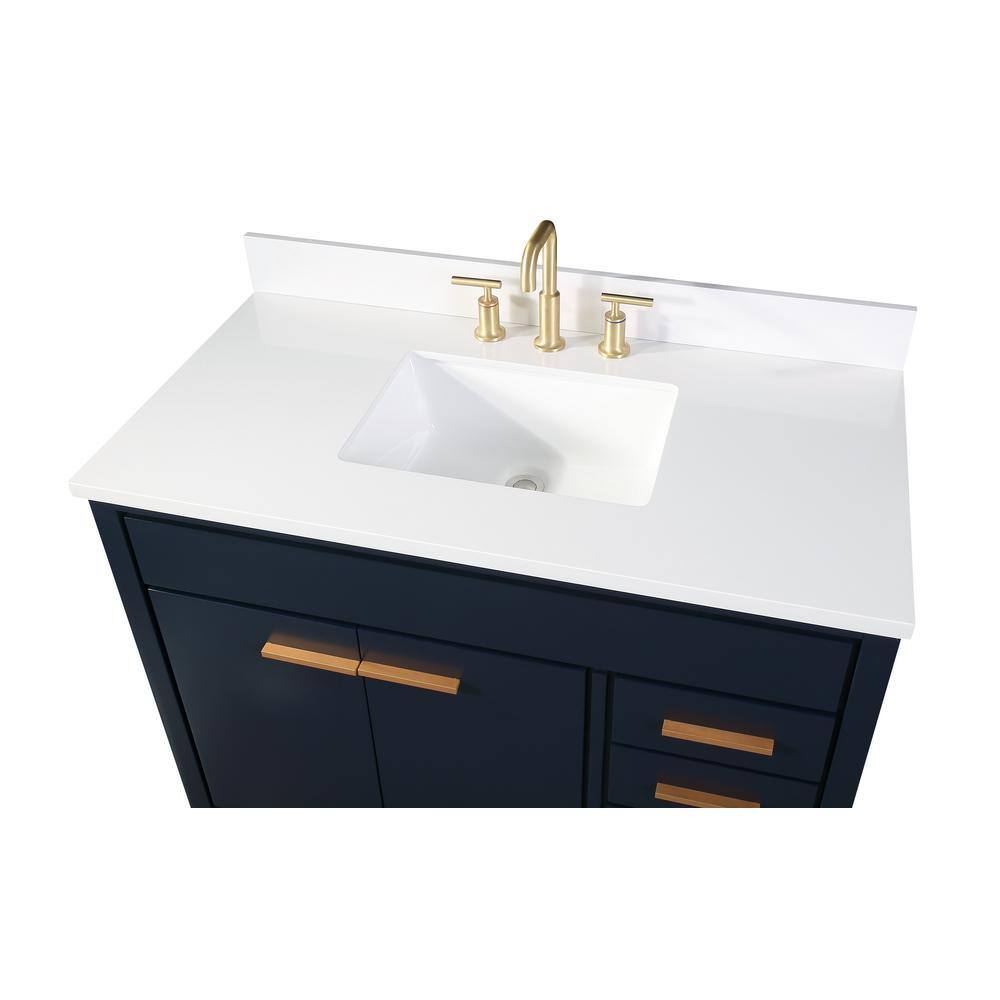42" Dark Wood and Gold Freestanding Bathroom Vanity with White Quartz Top