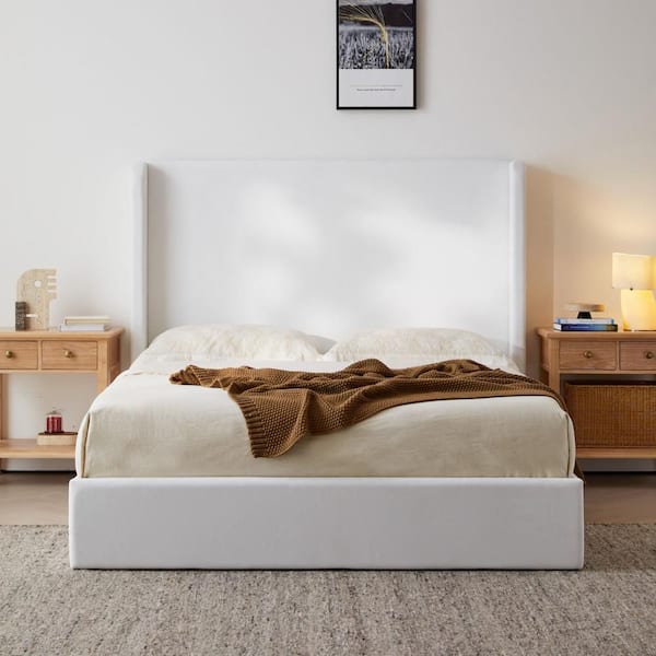 White Wood Frame King Upholstered Platform Bed with High Headboard