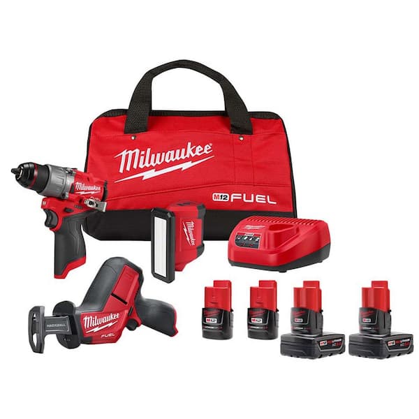 Milwaukee M12 FUEL 12-Volt Li-Ion Brushless Cordless Hammer Drill Combo Kit, Reciprocating Saw, Flood Light w/4 Batteries (3-Tool)