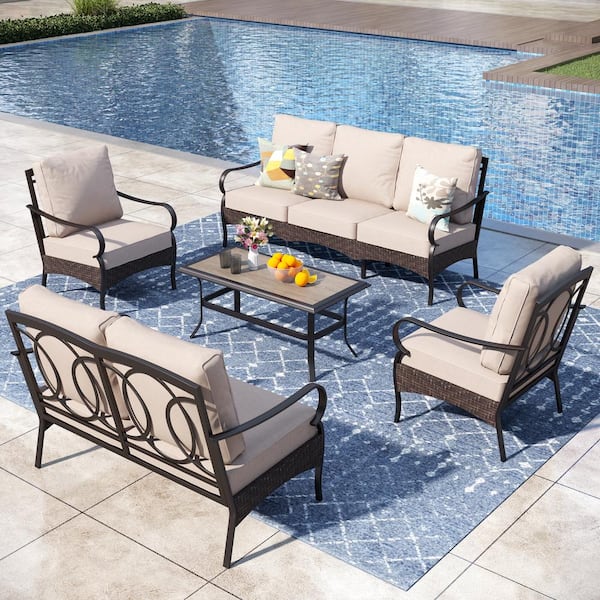 PHI VILLA Brown Rattan 5-Piece 7 Seat Steel Outdoor Patio Conversation Set with Beige Cushions and Wood-Grain Table