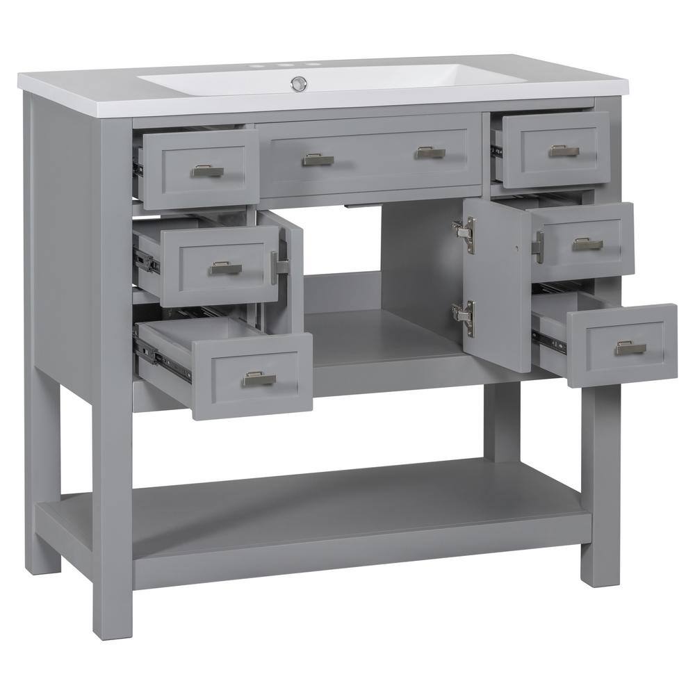 36 in. W x 18 in. D x 34.1 in. H Gray Linen Cabinet with 6-Drawers, 1-Door,