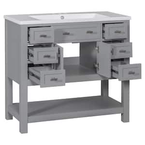 36 in. W x 18 in. D x 34.1 in. H Gray Linen Cabinet with 6-Drawers, 1-Door, 1 Open Shelf and Resin Basin