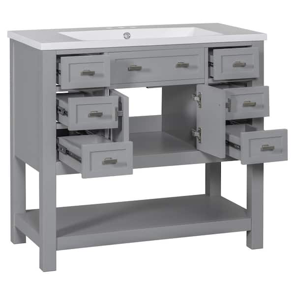 Unbranded 36 in. W x 18 in. D x 34.1 in. H Gray Linen Cabinet with 6-Drawers, 1-Door, 1 Open Shelf and Resin Basin