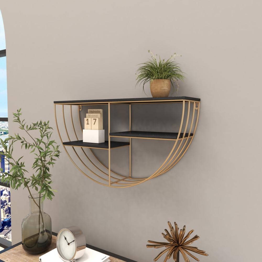 Elegant Black and Gold 28" Floating Half Moon Wall Shelf