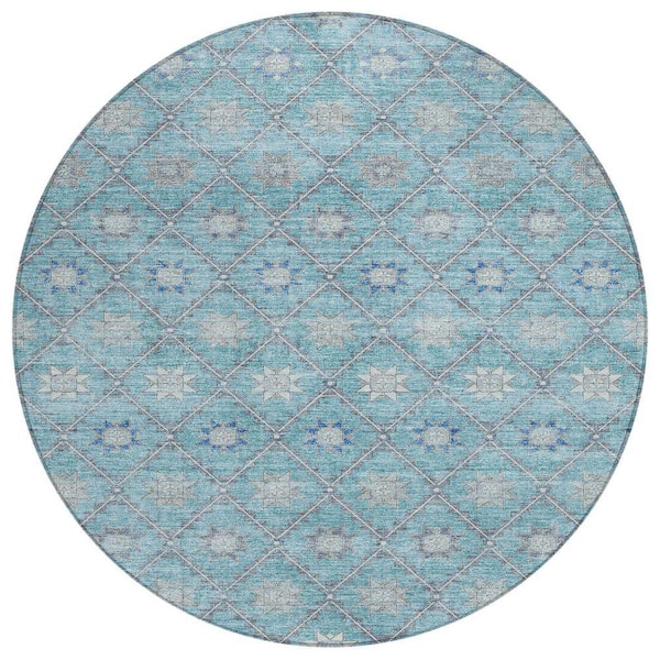 Chantille Machine Washable Indoor/Outdoor Abstract ACN1858 Teal 8 ft. x 8 ft. Round Rug