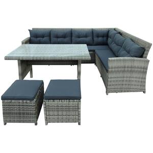 Brown 6-Piece Wicker Patio Furniture Set Outdoor Sectional Sofa with Gray Cushions Glass Table