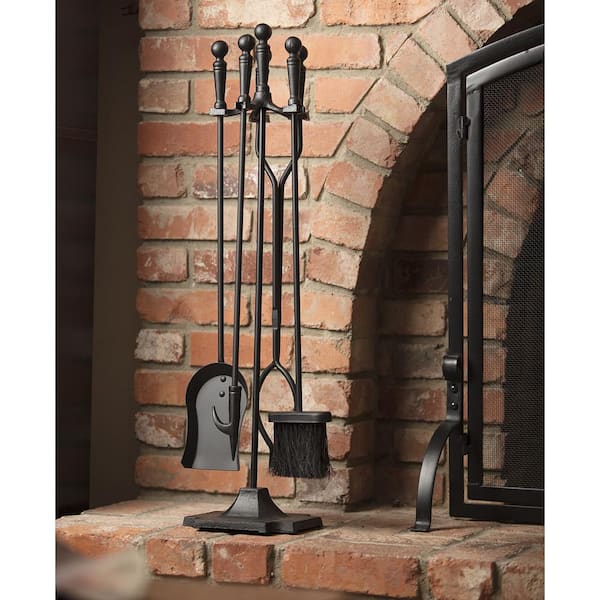 Black Cast Iron 5-Piece Fireplace Tool Set with Ball Handles