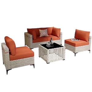 Apollo 5-Piece Wicker Outdoor Patio Conversation Seating Set with Orange Red Cushions