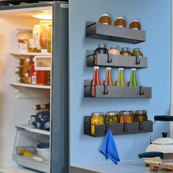 4-Pack Black Spice Rack Strong Magnetic Seasoning Storage Shelf with 8 Removable Hooks for Refrigerator Microwave
