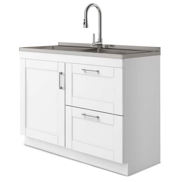 Laundry Sink Cabinet with Pull-out Faucet, Stainless Steel Utility Hand  washing station with Storage Compartment, for Laundry room, Transitional (