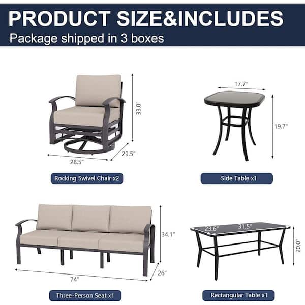 4-Piece Patio Aluminum Conversation Set with Swivel Rocking Chairs, Rectangular Coffee Table and Sand Cushions, Outdoor
