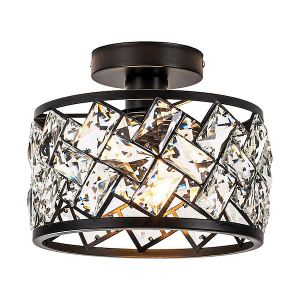 10 in. 1-Light Black Semi Flush Mount Ceiling Light Crystal Fixture for Hallway Entryway Bedroom Bulbs Not Included