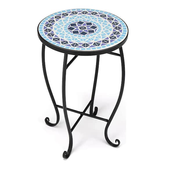 Round Metal Outdoor Side Table with Ceramic Tile Top