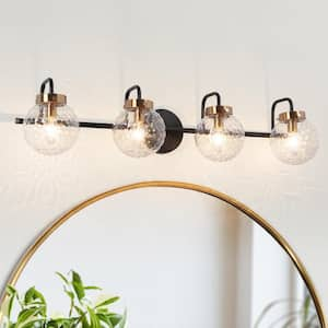 Astrid Modern 31 in. 4-Light Black Vanity Light Brass Wall Sconce with Textured Globe Glass Shades for Bathroom