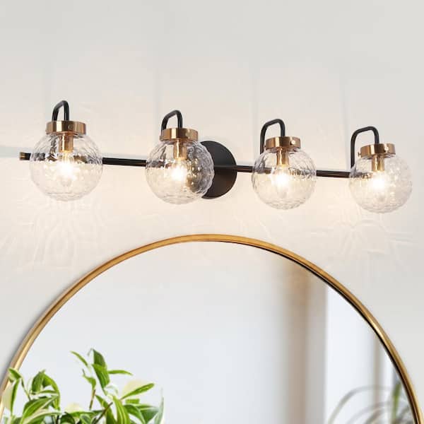 LNC Astrid Modern 31 in. 4-Light Black Vanity Light Brass Wall Sconce with Textured Globe Glass Shades for Bathroom