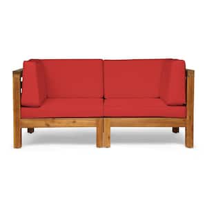 Oana Teak Brown 2-Piece Wood Outdoor Loveseat with Red Cushions