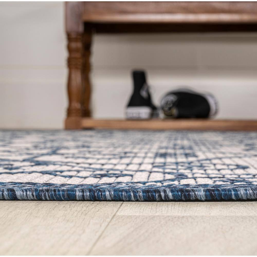 Madrid Boho-Chic Blue and Cream Geometric Round Indoor/Outdoor Rug