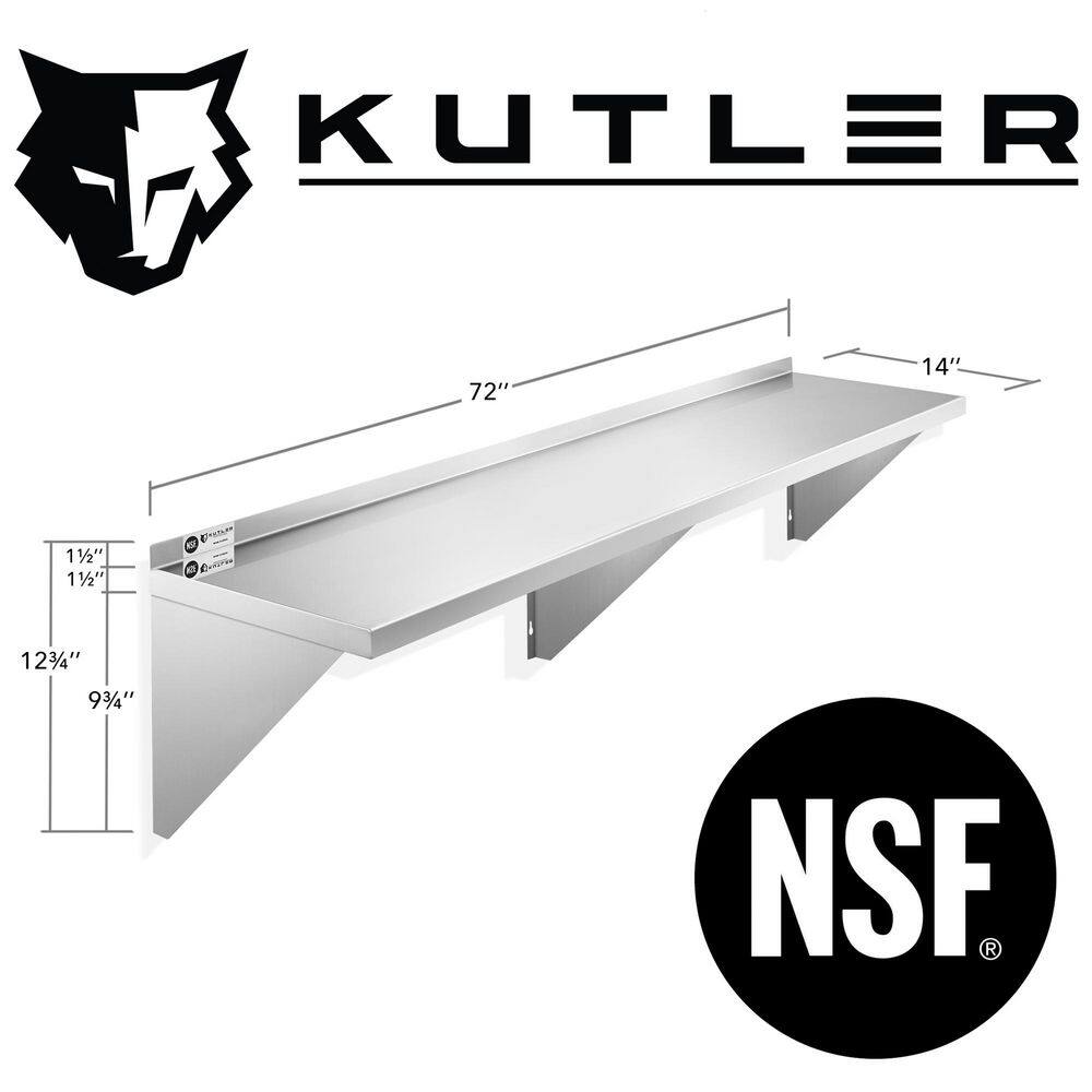 KUTLER 14" x 72" Stainless Steel Kitchen Wall Shelf with Backsplash