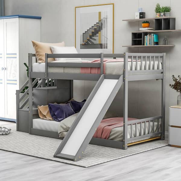 Lea Gray Wood Frame Twin Over Twin Bunk Bed with Convertible Slide and Storage Stairway