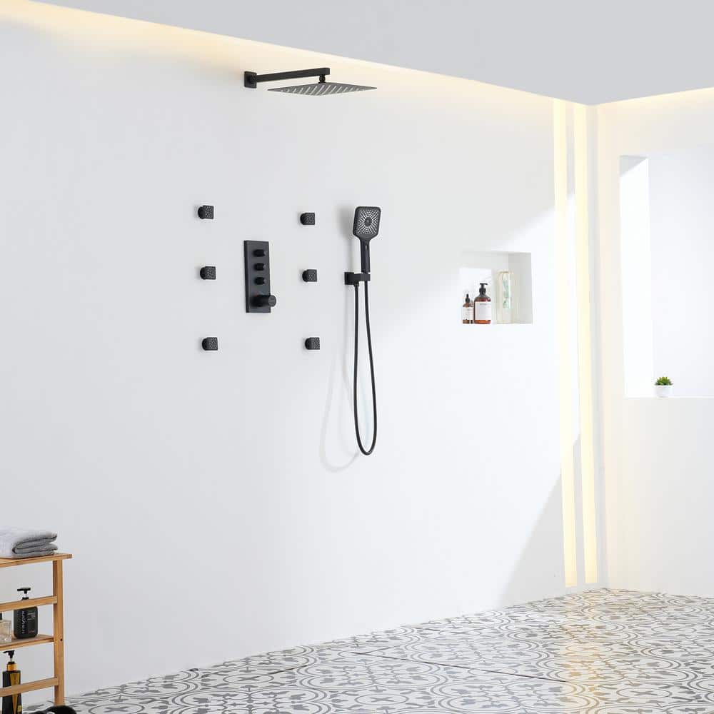 Matte Black 12-Inch Wall Mount Shower System with 6 Body Jets