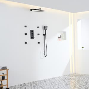 Thermostatic 12 in. 3-Spray Dual Wall Mount Fixed and Handheld Shower Head 1.8 GPM with 6 Body Jets in Matte Black