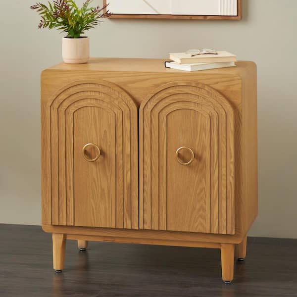 Litton Lane Brown Wood Carved Arch 9 in. 2 Door Cabinet with 1 Shelf and Gold Ring Handles
