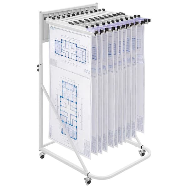 Mobile Steel Blueprint Storage Rack with 6 Aluminum Clamps (24 In.), Adjustable Design, 4-Wheel Organizer for Plans