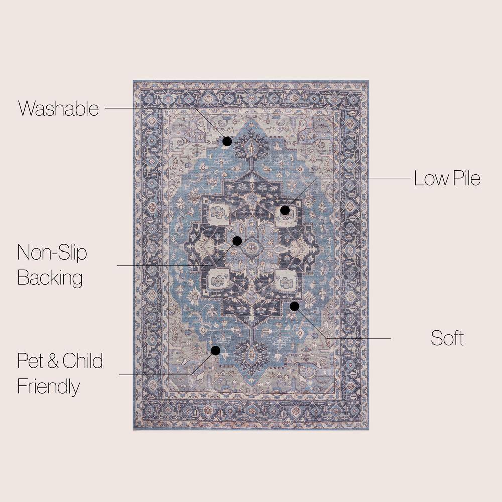 Maris Ornate Medallion Blue/Cream Chenille 4' x 6' Washable Area Rug