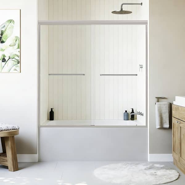 60 in. W x 58 in. H Framed Double Sliding Tub Door Bypass Tub Shower Door in Brushed Nickel with 1/4 in. Clear Glass