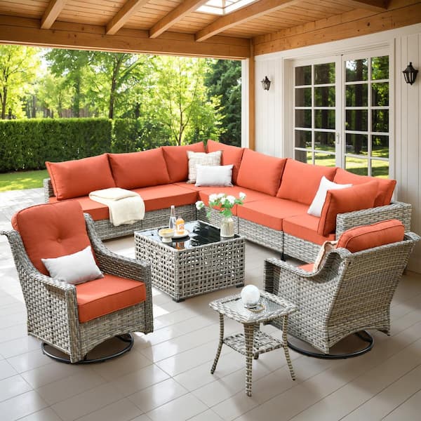 HOOOWOOO Holston 10-Piece Wicker Modern Outdoor Patio Conversation Sofa Sectional Set with Swivel Rocking Chairs and Red Cushions