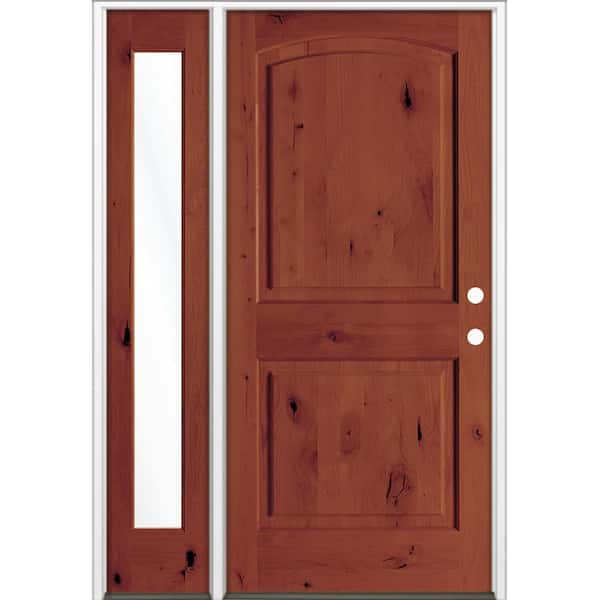 44 in. x 80 in. Knotty Alder 2 Panel Arch-Top Left-Hand/Inswing Clear Glass Amaretto Stain Wood Prehung Front Door LFSL