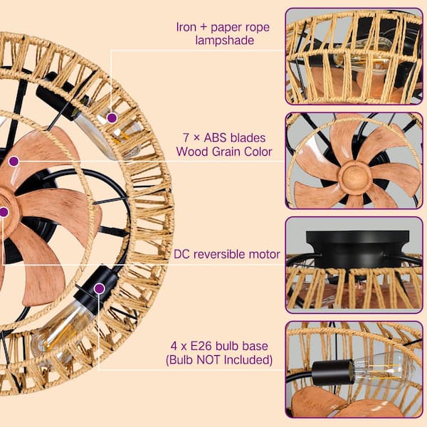 19 in. Indoor Black Flush Mount Ceiling Fan with Remote Control, 7-Wood Grain Blades