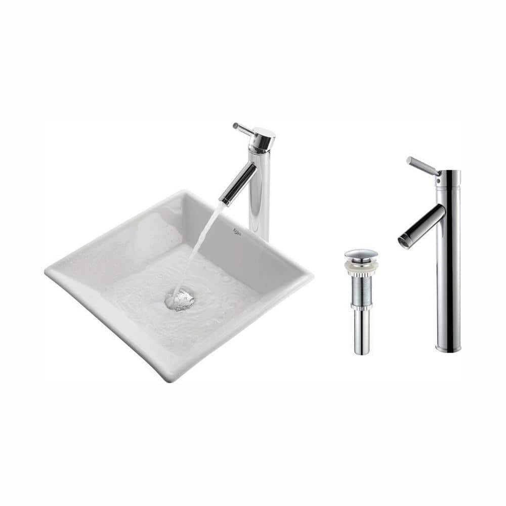 Kraus Flat Square Ceramic Vessel Sink In White With Sheven Faucet In Chrome C Kcv 125 1002ch The Home Depot