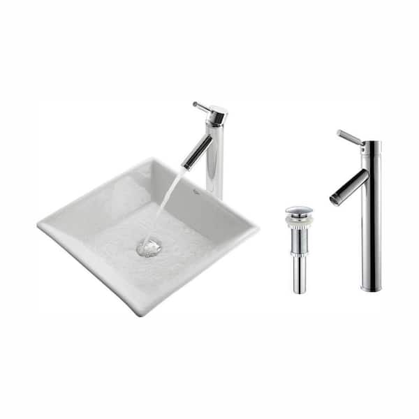 KRAUS Flat Square Ceramic Vessel Sink in White with Sheven Faucet in Chrome