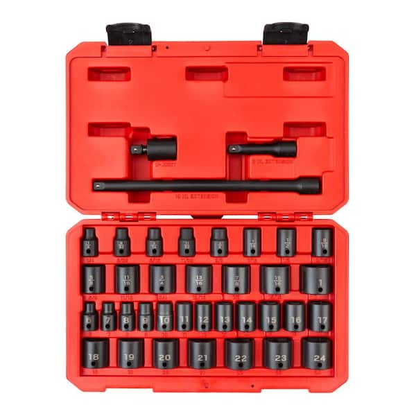 TEKTON 3/8 in. Drive 6-Point Impact Socket Set, 37-Piece (1/4 in