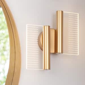 2-Light Gold 10.6 in. Integrated LED Wall Sconce, Modern Vanity Light Rectangle Wall Light with Clear Acrylic Shade