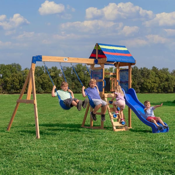Bay Pointe Kid's Outdoor Playground Set PlaySet w/ Raised Deck, Swing Set, Blue Wave Slide, and Climbing Wall